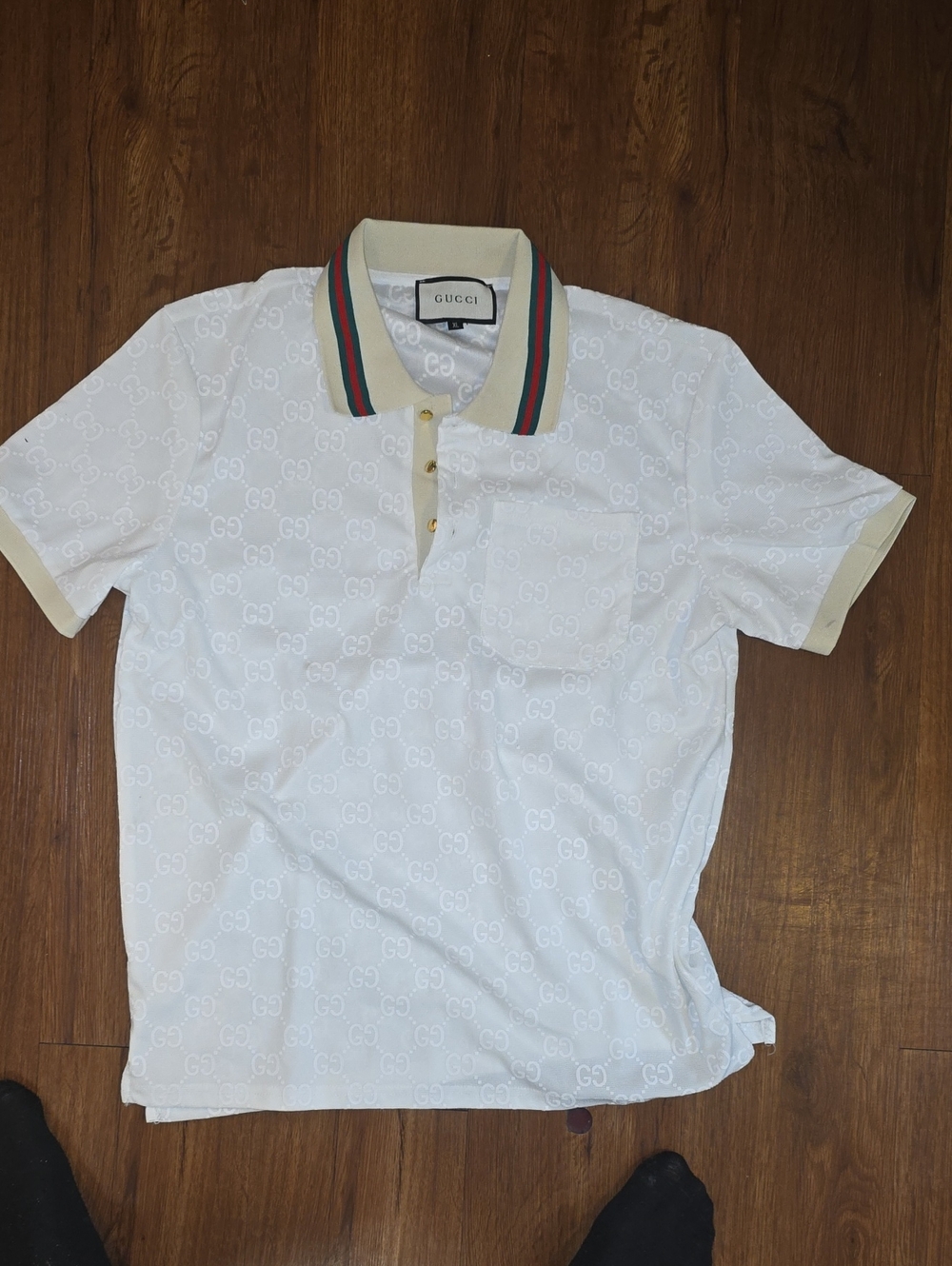 Gucci White GG Monogram Polo with Beige Trim and Red-Green Stripe